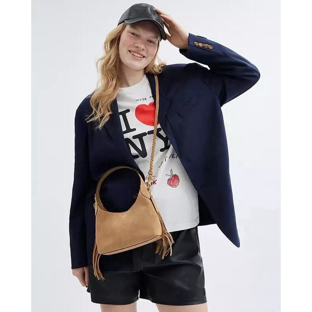 Coach Tan Suede Shoulder Bag with Braided Strap - Picture 8 of 14